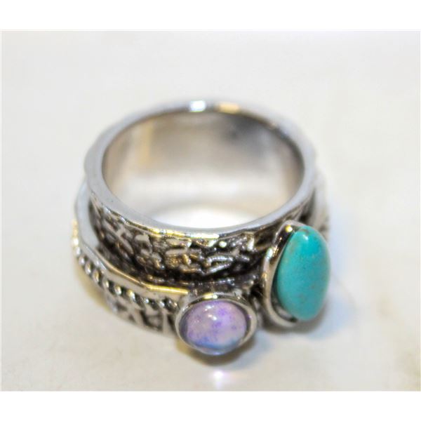 14)  SILVER TONE WIDE SPINNER RING, SZ 9,