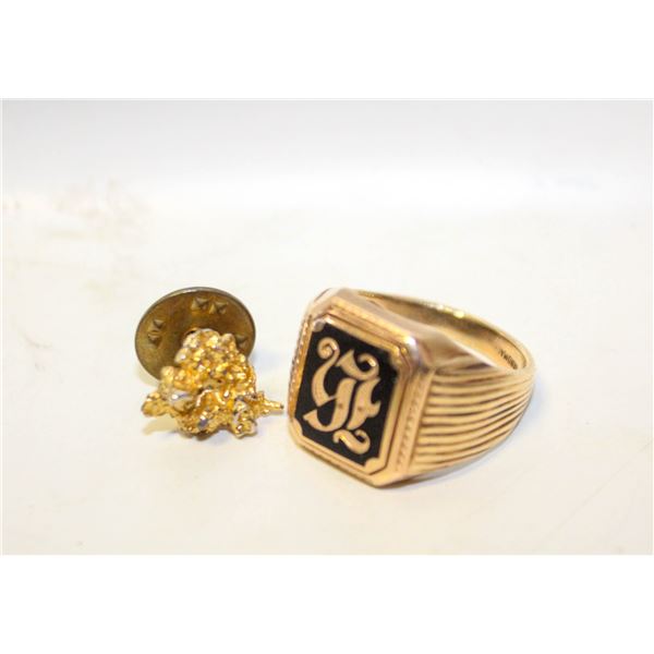 GOLD MENS RING AND GOLD NUGGET PIN