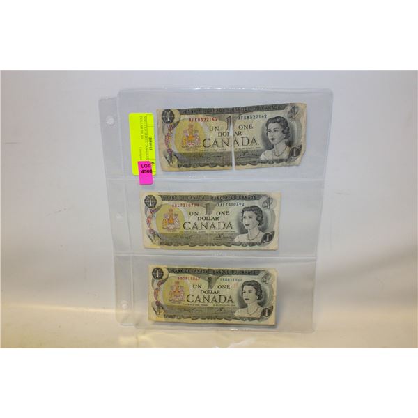 SHEET OF THREE CANADIAN 1 DOLLAR BILLS