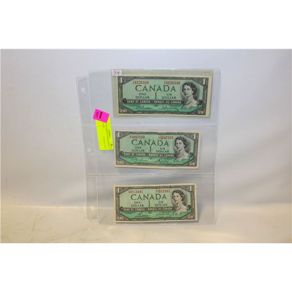 SHEET OF THREE OLDER $1 BILLS CANADIAN