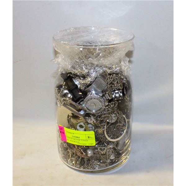 GLASS JAR OF SILVER TONED JEWELRY ASSORTED