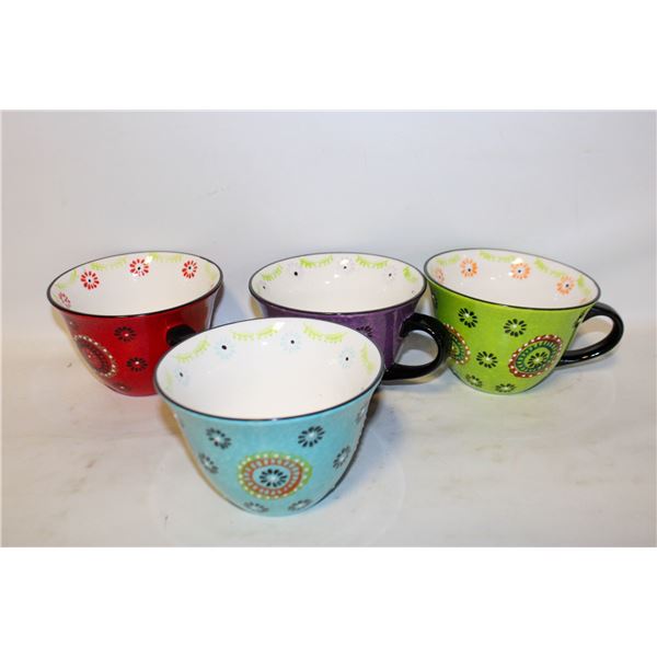 SET OF 4 LARGE STONEWARE COLORFUL MUGS