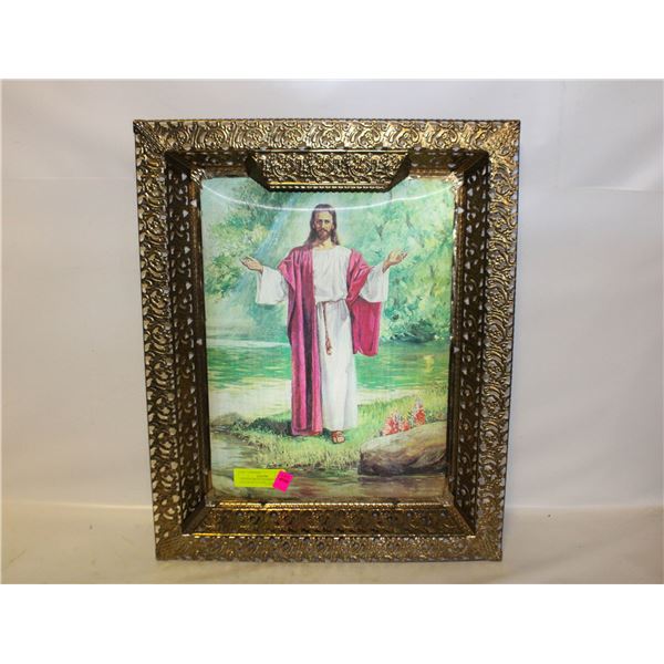 VINTAGE METAL FRAMED JESUS HOLIGRAM PICTURE 17X21