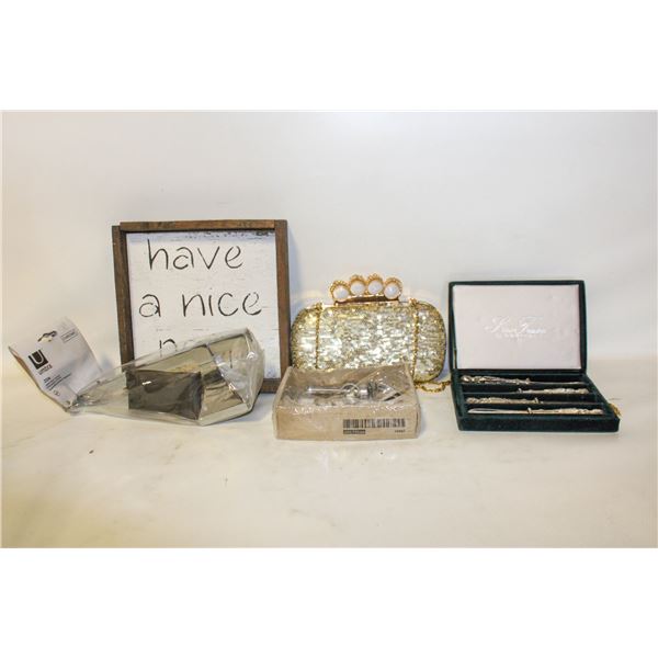 FLAT W/BATHROOM SIGN+ASSORTED HOUSEHOLD ITEMS