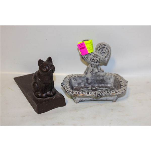 VINTAGE CAST IRON CAT DOOR STOP AND ROOSTER SOAP