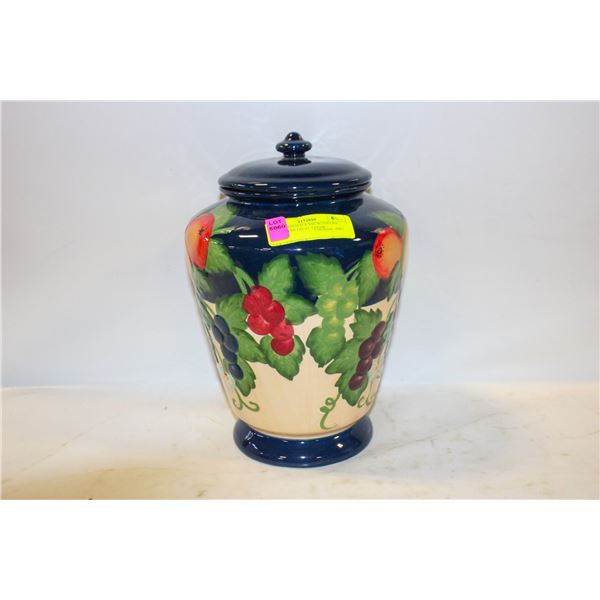 HAND PAINTED VASE WITH LID- BLUE WITH FRUIT THEME