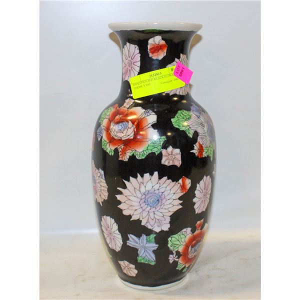 HAND PAINTED BLACK/FLORAL THEME VASE