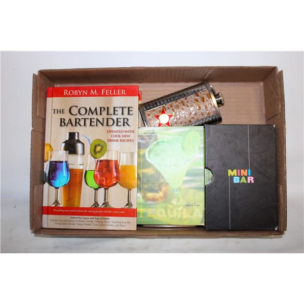 FLAT WITH BARTENDING BOOKS AND FLASKS