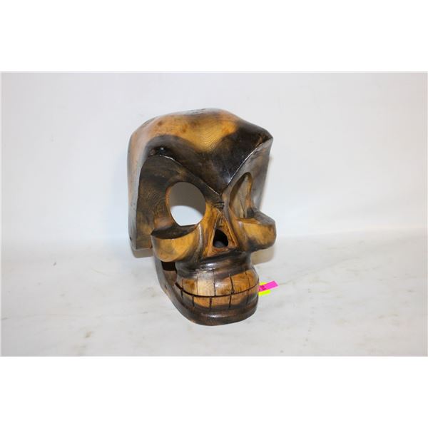 HAND CARVED WOODEN SKULL WITH MOVING JAW
