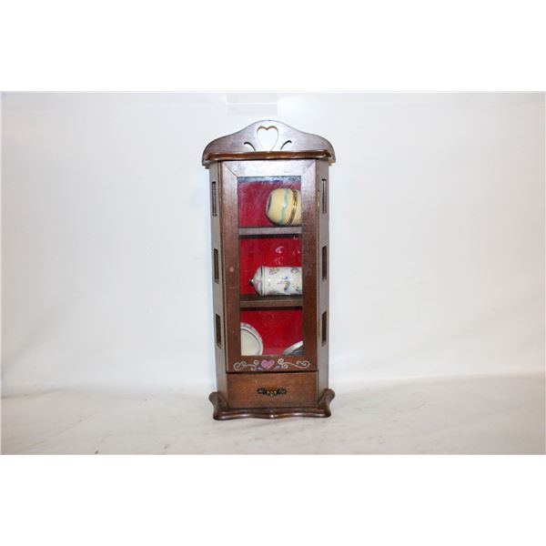 VINTAGE WALL CHINA CABINET WITH CONTENTS