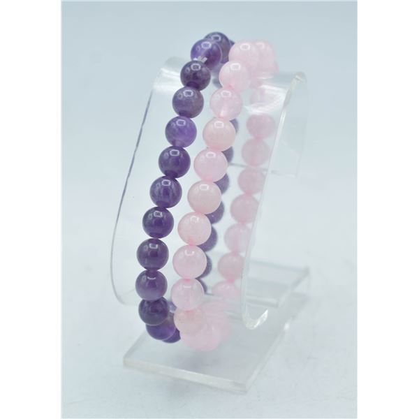 #156-NATURAL ROSE QZ & AMETHYST BEAD BRACELET