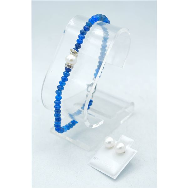 #215-NATURAL BLUE JADE BRACELET & PEARL EARRINGS