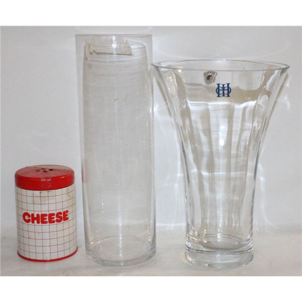 2 GLASS VASES+VINTAGE CHEESE SHAKER METAL