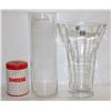 Image 1 : 2 GLASS VASES+VINTAGE CHEESE SHAKER METAL