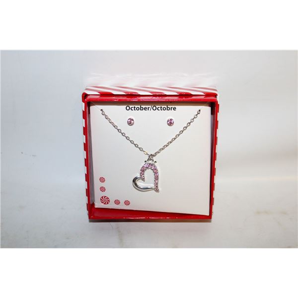 OCTOBER HEART NECKLACE & EAR RINGS LOBSTER CLASP