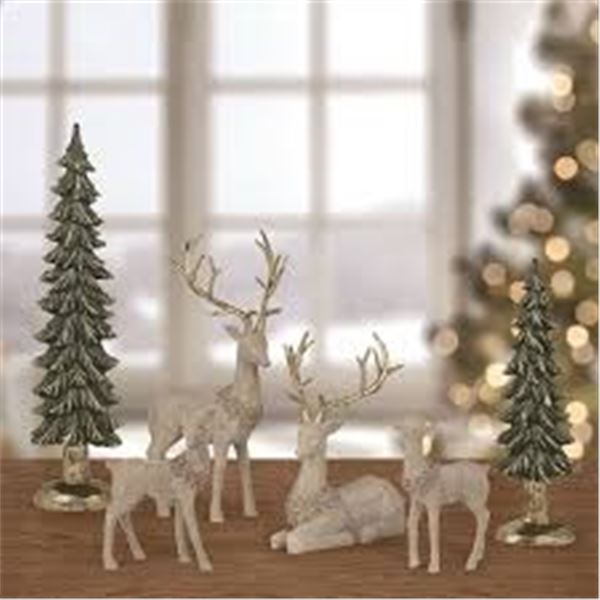 NEW 6PC DEER FAMILY WITH TREES DECOR