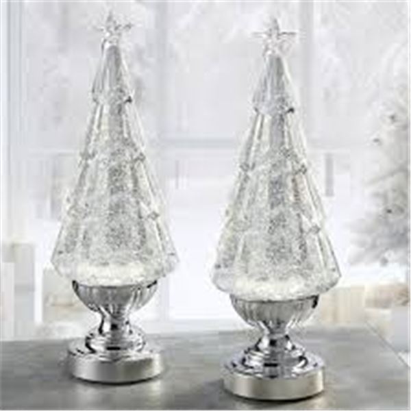NEW SET OF 2 LIGHTED GLITTER TREES W LED LIGHTS