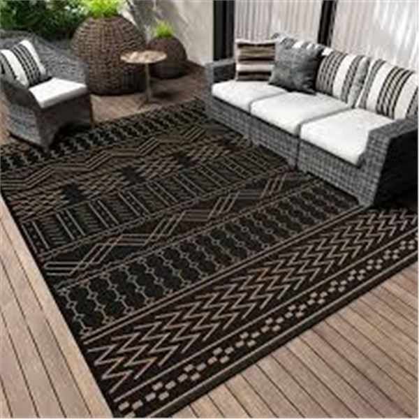 BRAND NEW OUTDOOR RUG GEOMETRIC BLACK BROWN 8X10FT