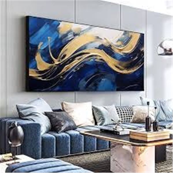 NEW ABSTRACT WALL ART BLUE & GOLD 50 X 100CM