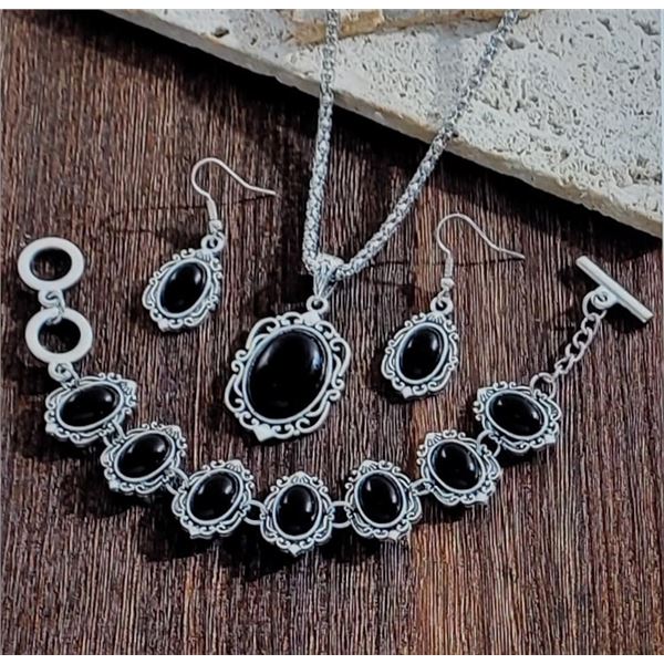 22) SET OF SILVER TONE AND BLACK STONE 3 PCE