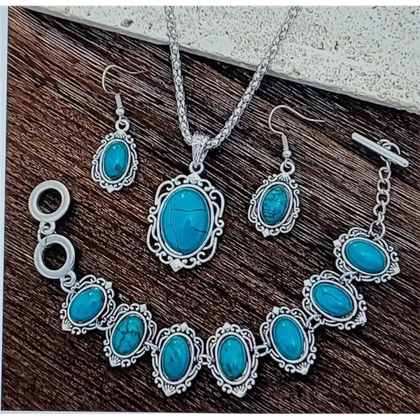 23) SET OF SILVER TONE AND TURQUOISE STONE 3 PCE