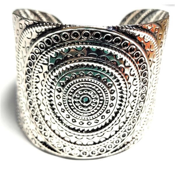 3) SILVER TONE CUFF BRACELET THAT IS 2" WIDE