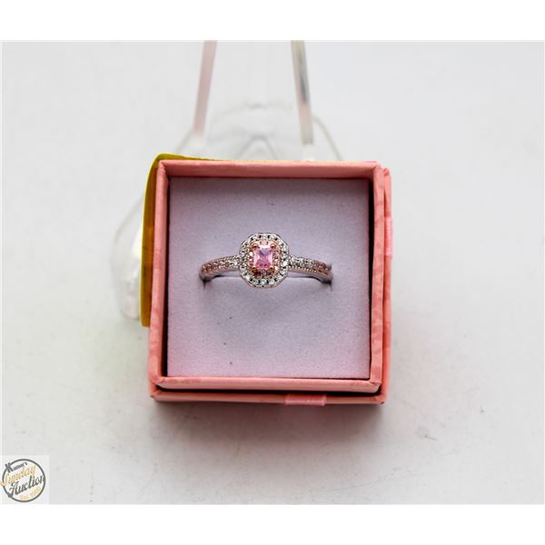 NEW SZ 9 SILVER PLATED PINK AND CLEAR