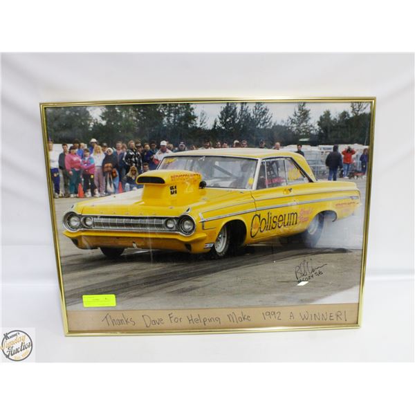 VINTAGE RACING PICTURE SIGNED BY RACER 18.5"X24.5"