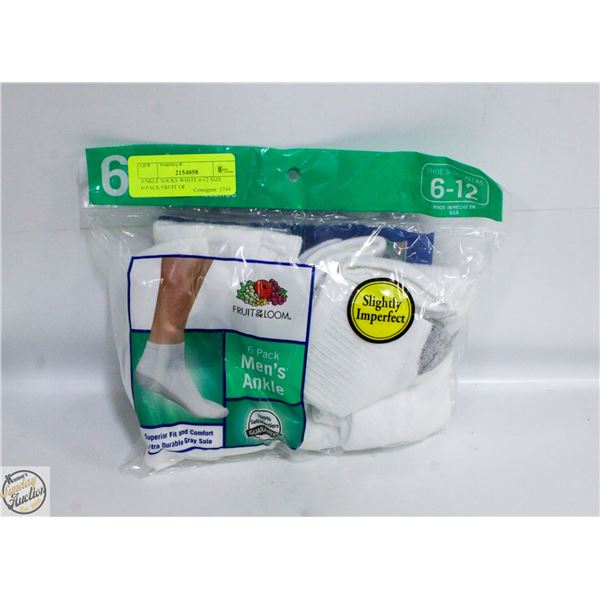 ANKLE SOCKS WHITE 6-12 SIZE 6-PACK FRUIT OF