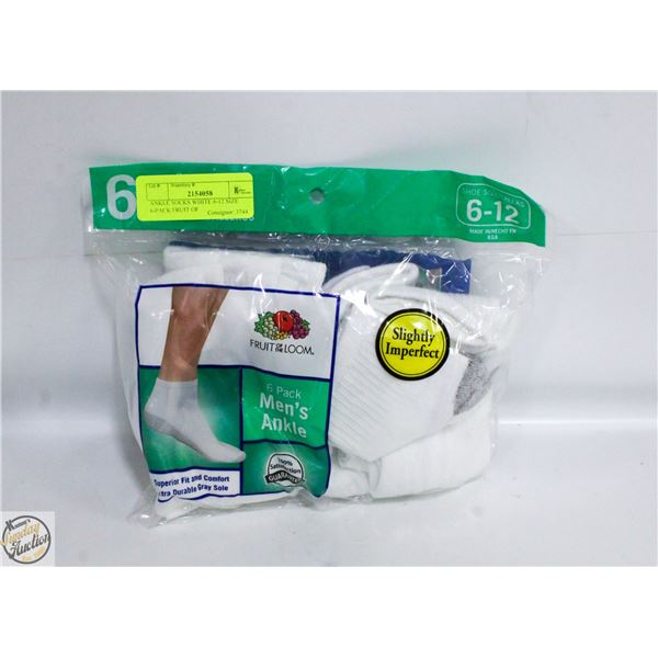 ANKLE SOCKS WHITE 6-12 SIZE 6-PACK FRUIT OF