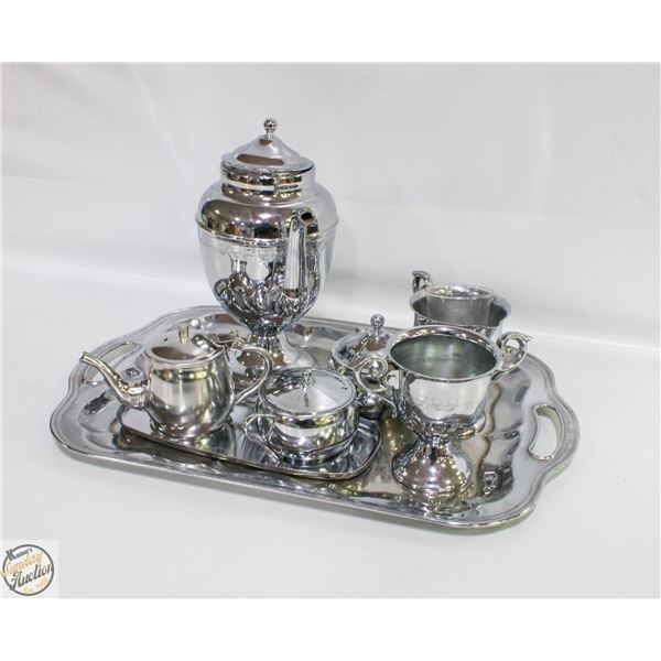 TEA SET ON PLATER - TEA POT, CREAM & SUGAR & EXT.