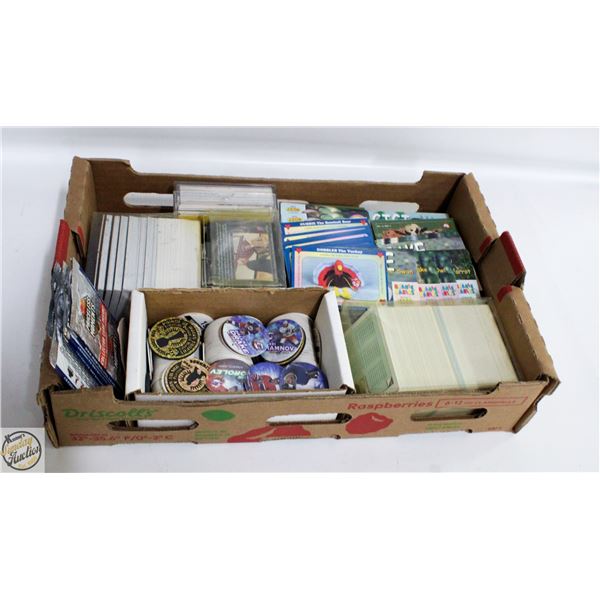 BOX OF ASSORTED COLLECTOR CARDS AND POGS