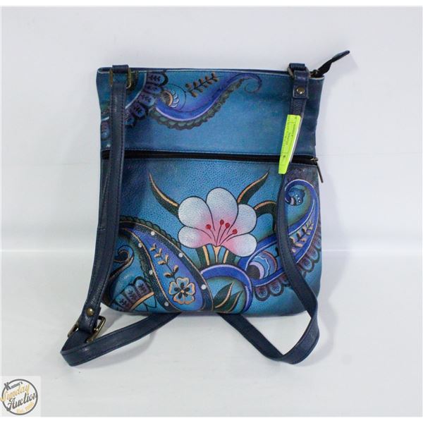 ANNA BLUE FLORAL LEATHER SHOULDER BAG