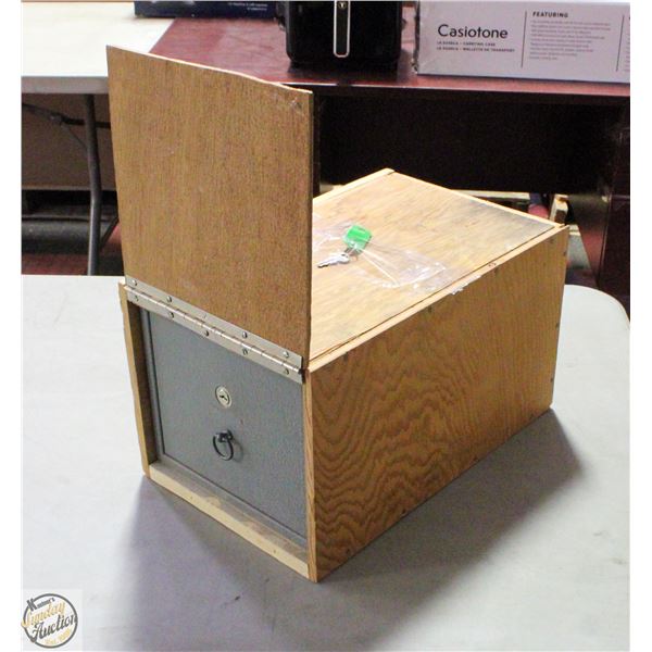 WOOD COVERED SAFE WITH KEYS 10"X16.5"X9.5"