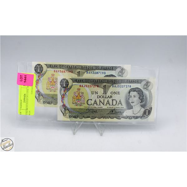 2 UNCIRCULATED 1973 ONE DOLLAR BILLS
