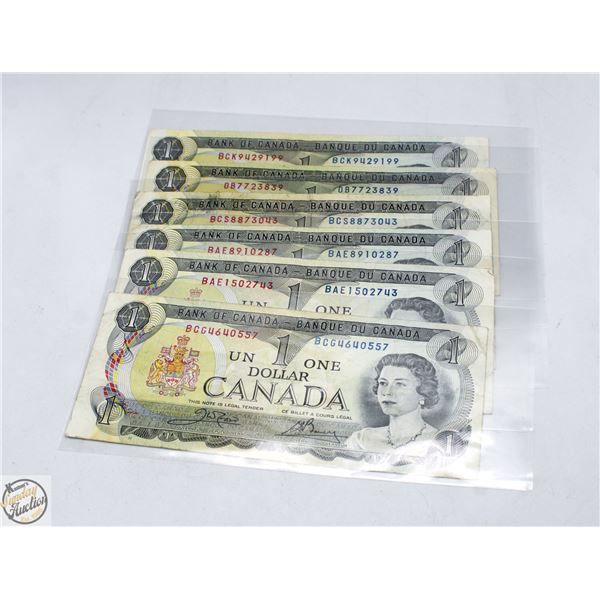 LOT 0F 6 - 1973 DOLLAR BILLS