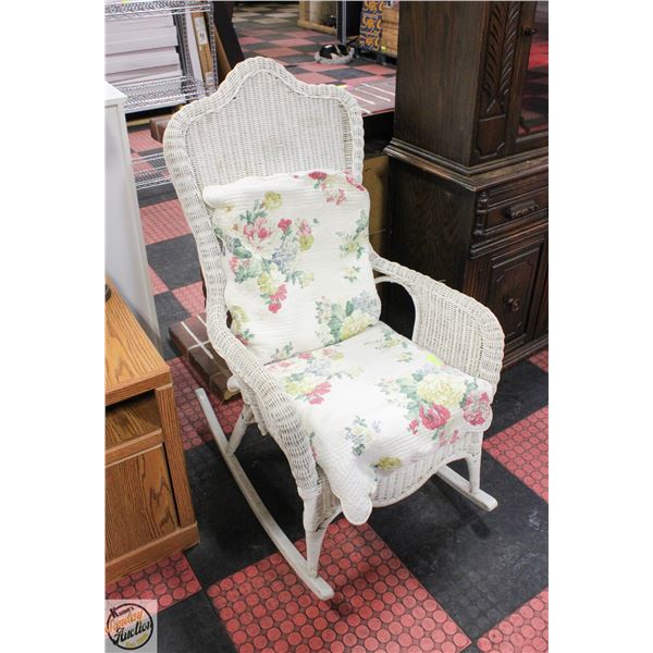 WHITE WICKER ROCKING CHAIR WITH CUSHONS