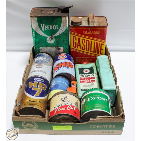 TRAY OF EMPTY VINTAGE CANS/TINS