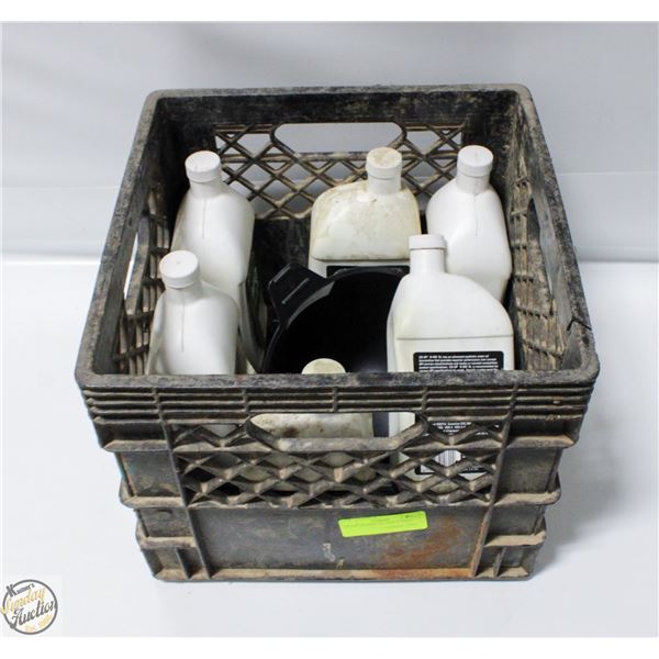 CRATE OF NEW OIL AND FUNNEL