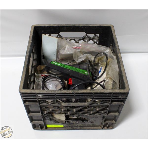 CRATE OF AUTOMOTIVE TOOLS AND NEW PARTS