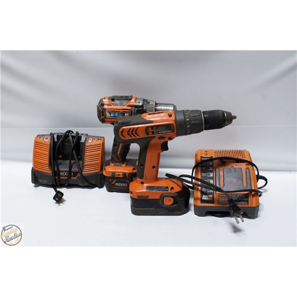 2 RIDGID 18V DRILLS WITH 2 BATTERIES AND 2