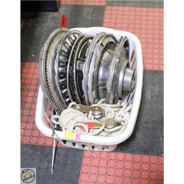 BASKET OF VINTAGE HUB CAPS & ROPE