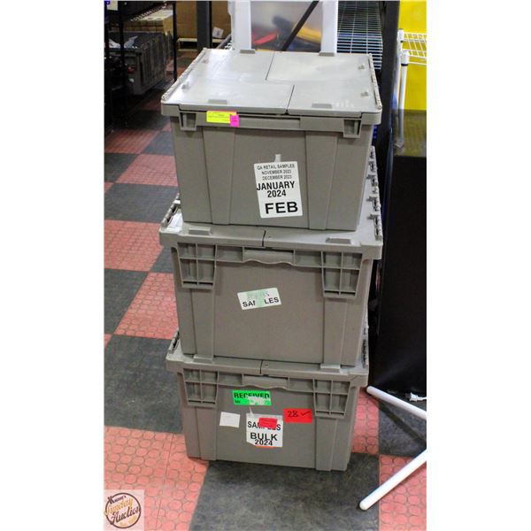 THREE ULINE LIDDED TOTES WITH FLIP TOP LIDS