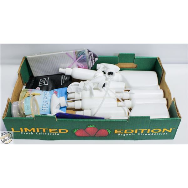 FLAT OF EMPTY WHITE SPRAY BOTTLES VARIOUS SIZES