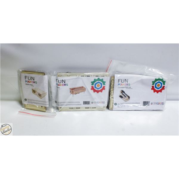 3 FUNMAKERS WOODEN CRAFT KITS PIANO, BIONCULARS,