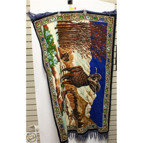 VTG BIG HORNED SHEEP RUG TAPESTRY 100%