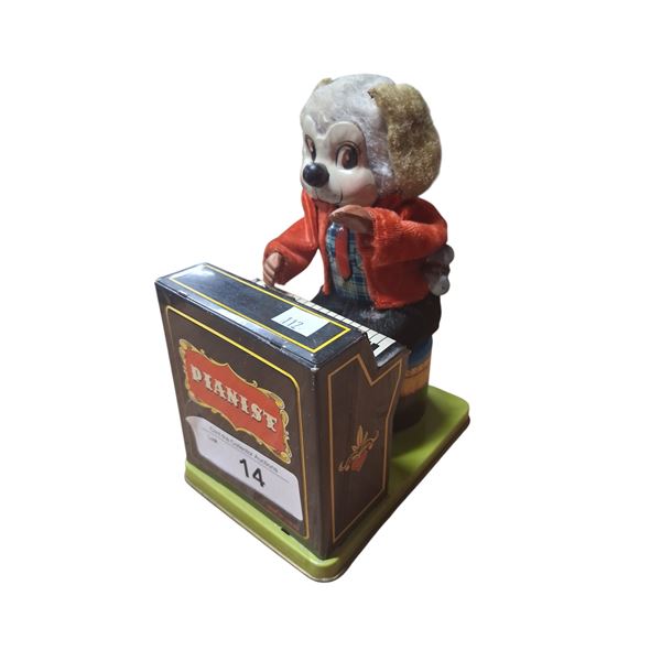 1950s dog playing piano wind up tin toy made in Japan 7.5"