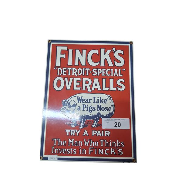Heavy porcelain Finck's Overalls sign, Ande Rooney 12"x8"