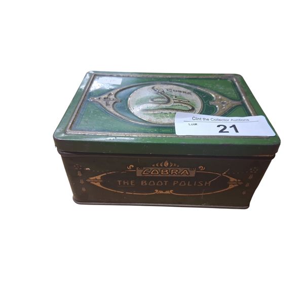 Beautiful and rare Cobra Boot Polish tin with contents, killer graphics 6"x4.5"x3"