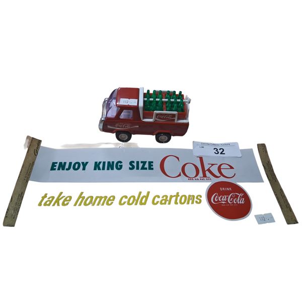 1950s Coca-Cola door window sign 13"x4.5" & 1979 Buddy L Coca-Cola delivery truck, pressed steel 5"